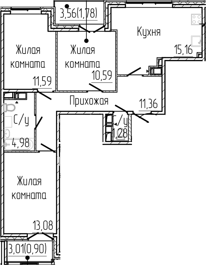 3-комнатная квартира 70.72 м², 5/8 эт., ЖК «SERTOLOVO PARK»